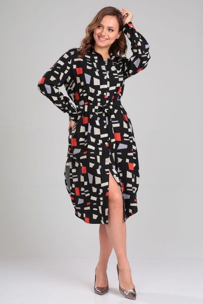 Демисезонное платье-рубашка с поясом и разрезами Your size 2184 принт_на_черном - фото 5
