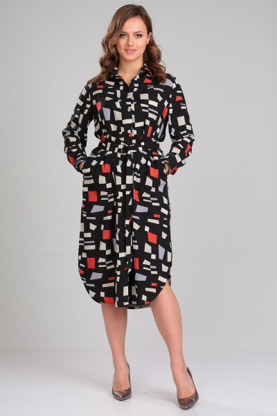 Демисезонное платье-рубашка с поясом и разрезами Your size 2184 принт_на_черном - фото 4