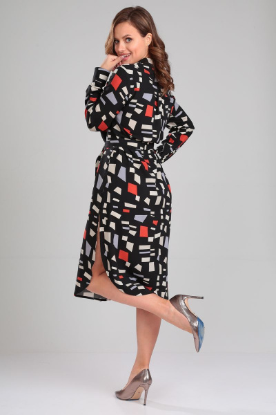 Демисезонное платье-рубашка с поясом и разрезами Your size 2184 принт_на_черном - фото 8