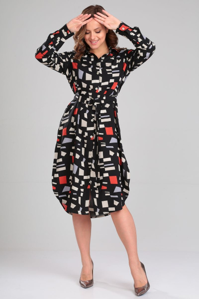 Демисезонное платье-рубашка с поясом и разрезами Your size 2184 принт_на_черном - фото 3