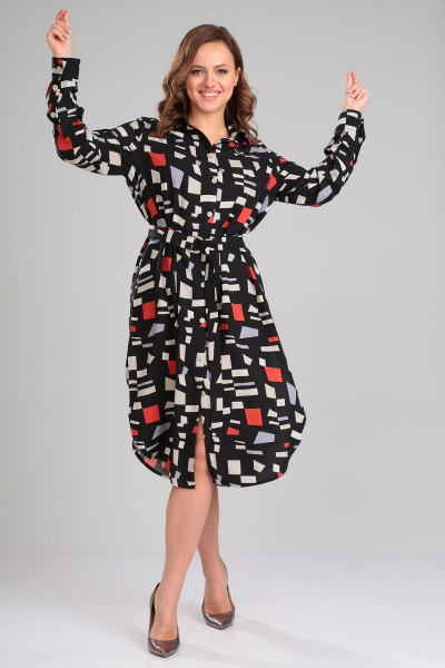 Демисезонное платье-рубашка с поясом и разрезами Your size 2184 принт_на_черном - фото 2