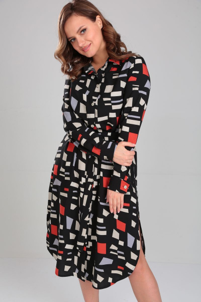 Демисезонное платье-рубашка с поясом и разрезами Your size 2184 принт_на_черном - фото 6