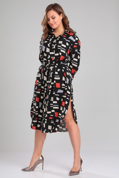 Демисезонное платье-рубашка с поясом и разрезами Your size 2184 принт_на_черном - фото 1