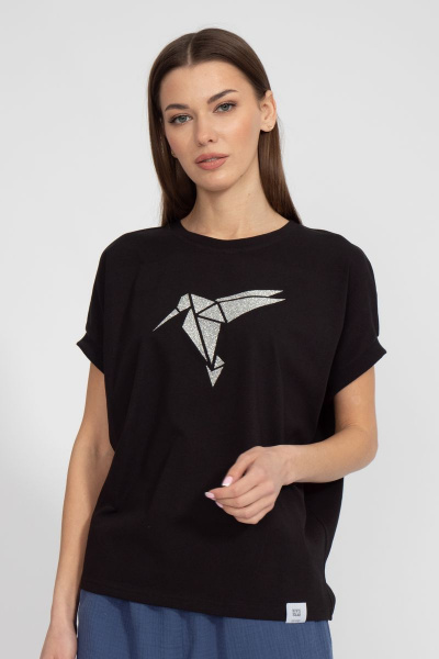 Майка черная из хлопка с цифровым принтом летучая мышь Kivviwear 4072.05 - фото 2