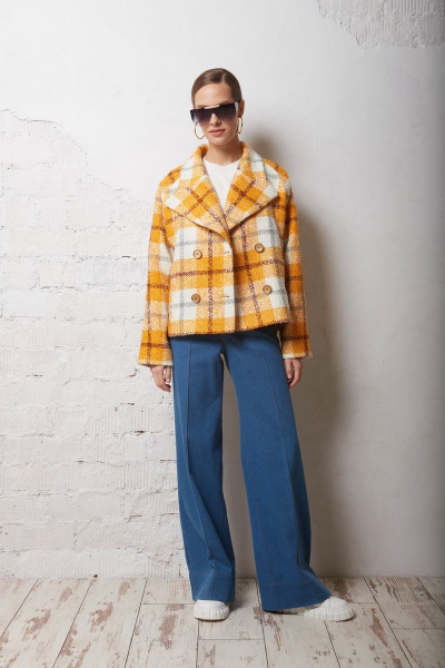 Полупальто оверсайз из пальтовой ткани с крупной клеткой DAVYDOV 9114 желтый - фото 1