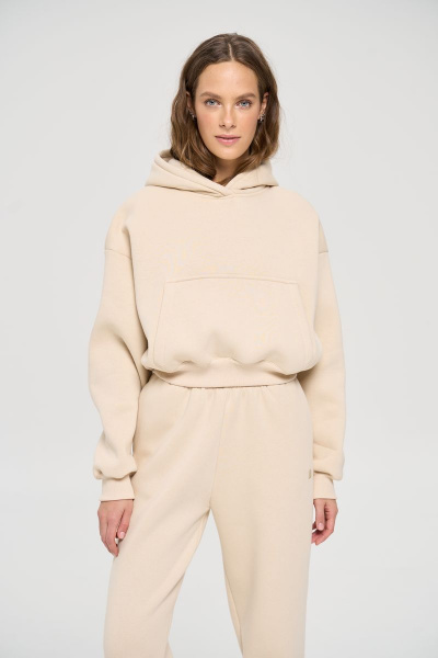 Бежевый спортивный костюм с укороченным худи и джоггерами RAWR 311 бежевый.начес - фото 1