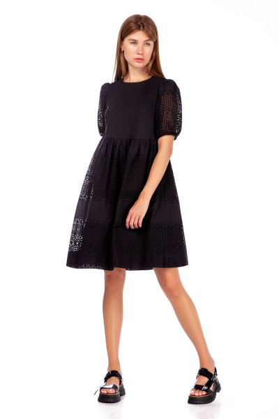 платье летнее хлопковое с ришелье и карманами DAVA 152 черный - фото 1