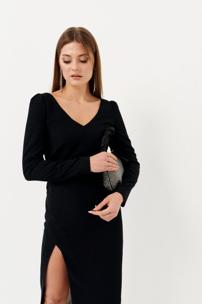 Черное платье-костюм из текстиля с разрезом и приталенным силуэтом Ketty К-03280 - фото 7