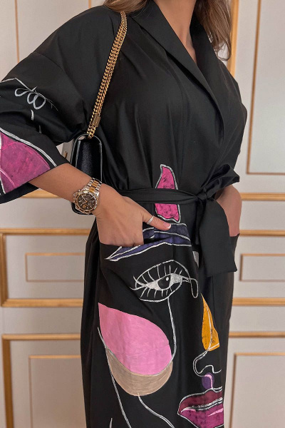 Платье кимоно из хлопка с ручной отделкой и длиной миди Pavlova 076 черный+цветной - фото 4