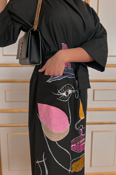 Платье кимоно из хлопка с ручной отделкой и длиной миди Pavlova 076 черный+цветной - фото 6