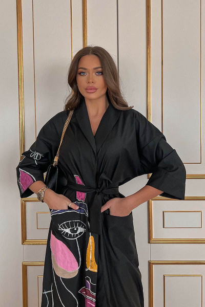 Платье кимоно из хлопка с ручной отделкой и длиной миди Pavlova 076 черный+цветной - фото 3