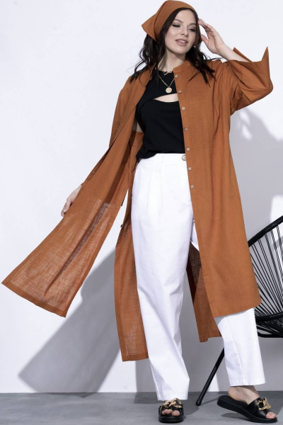 Длинная летняя рубашка из текстиля для больших размеров SOVA 11089 оранж - фото 3