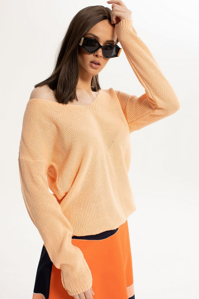 Летний вязаный джемпер и хлопковая юбка А-силуэта Diva 1535 персик-оранжевый - фото 5