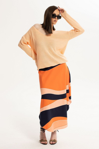Летний вязаный джемпер и хлопковая юбка А-силуэта Diva 1535 персик-оранжевый - фото 4