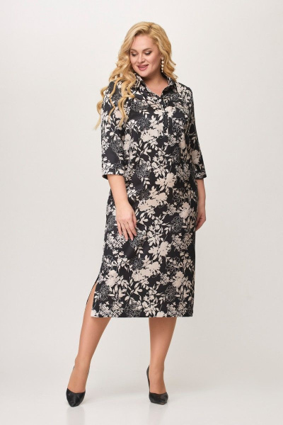 Платье-рубашка из плательной ткани с поясом и карманами Slaviaelit 414 черный_с_бежевым - фото 2