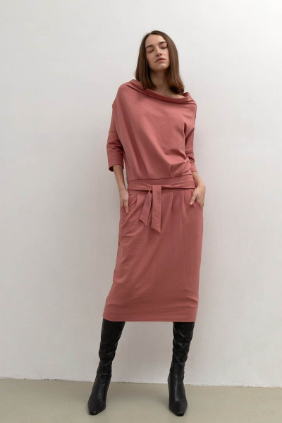 Платье 3/4 рукав из трикотажа с карманами и завязками Individual design 20124 персик - фото 1