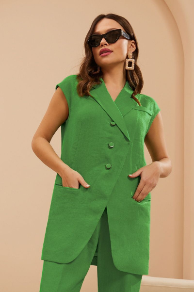 Деловой костюм брючный с жакетом и поясом из льна Lissana 4666 зеленый - фото 2