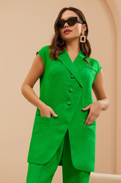 Деловой костюм брючный с жакетом и поясом из льна Lissana 4666 лайм - фото 7