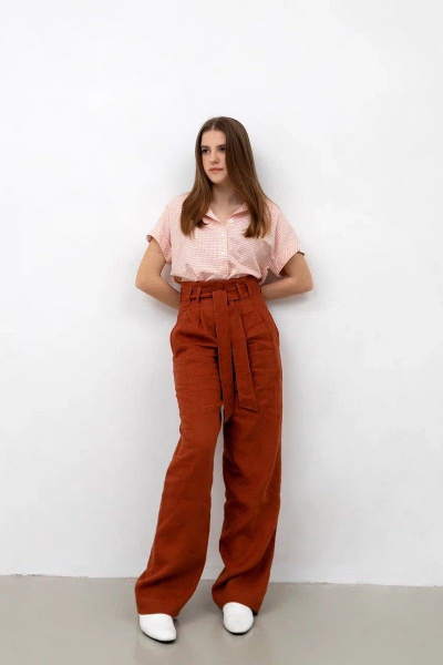 Леновые брюки с прорезными карманами и складками Individual design 20202-1 кирпичный - фото 2