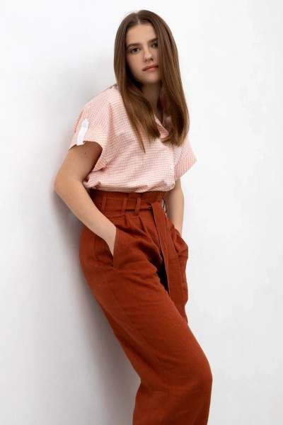 Леновые брюки с прорезными карманами и складками Individual design 20202-1 кирпичный - фото 3