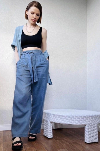 Леновые брюки с прилегающей линией по линии талии Individual design 20202-1 джинсовый - фото 1