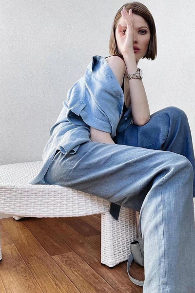 Леновые брюки с прилегающей линией по линии талии Individual design 20202-1 джинсовый - фото 2