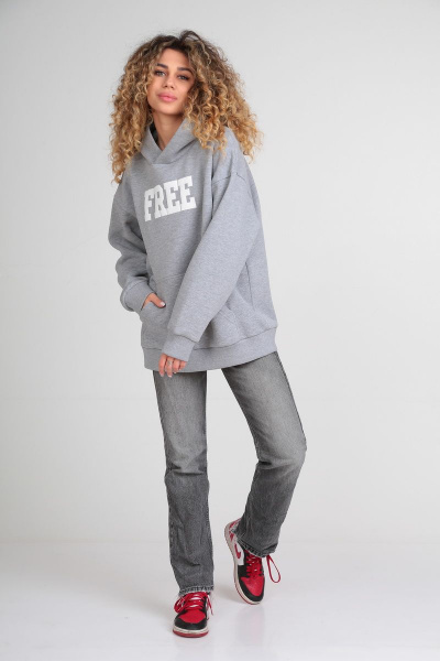 Демисезонный серый худи oversize с начесом и принтом HIT 0208 св-серый - фото 3