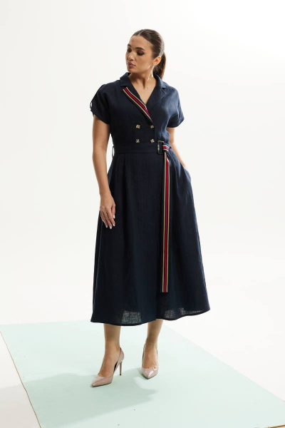 платье летнее из льна с запахом и декоративной тесьмой DAVA 146 синий - фото 2