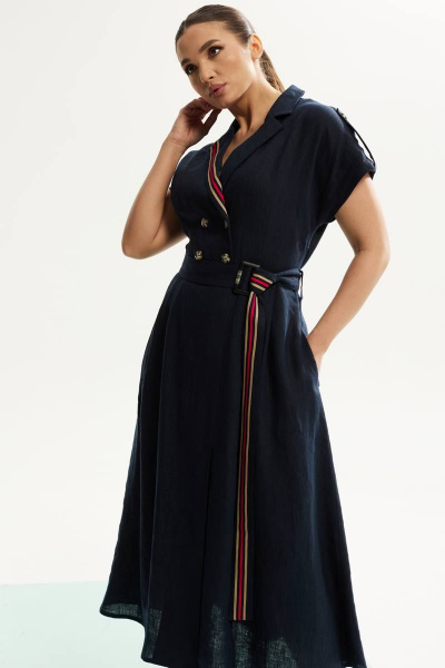 платье летнее из льна с запахом и декоративной тесьмой DAVA 146 синий - фото 3