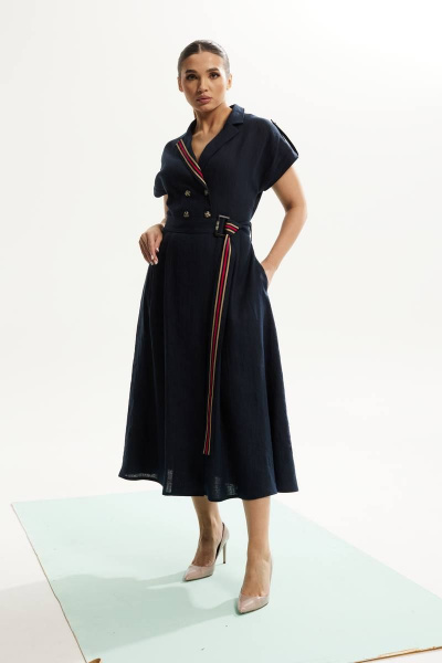 платье летнее из льна с запахом и декоративной тесьмой DAVA 146 синий - фото 1