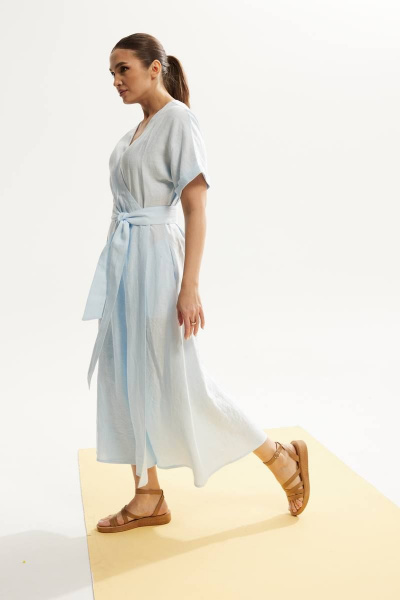 платье приталенное из льна с карманами и V-образным вырезом DAVA 145 голубой - фото 3