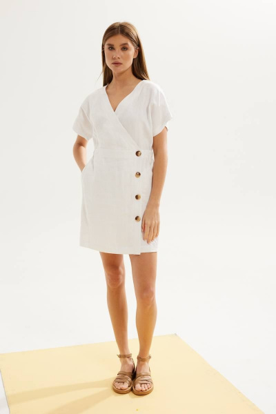 платье полуприлегающее из льна с кулисой и карманами DAVA 144 белый - фото 9
