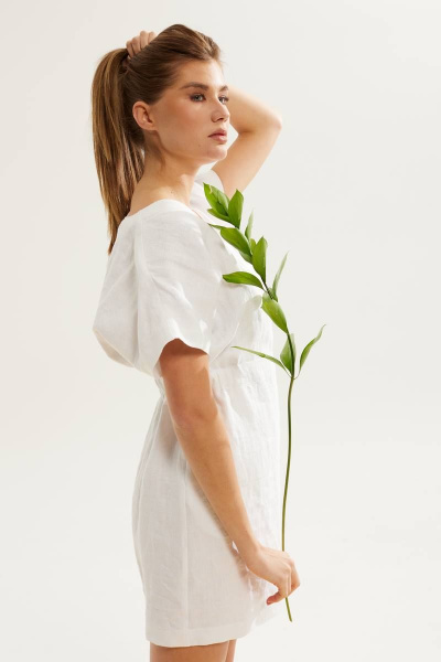 платье полуприлегающее из льна с кулисой и карманами DAVA 144 белый - фото 6