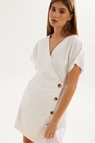 платье полуприлегающее из льна с кулисой и карманами DAVA 144 белый - фото 5