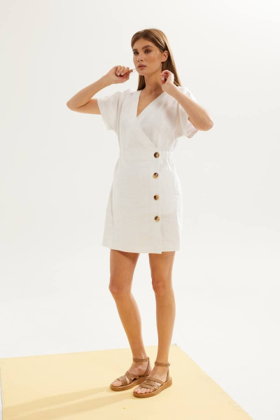 платье полуприлегающее из льна с кулисой и карманами DAVA 144 белый - фото 2