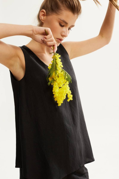 Лененый костюм с блузой и брюками с резинкой, летняя коллекция DAVA 142 черный - фото 6