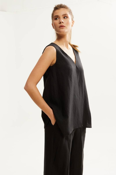 Лененый костюм с блузой и брюками с резинкой, летняя коллекция DAVA 142 черный - фото 5