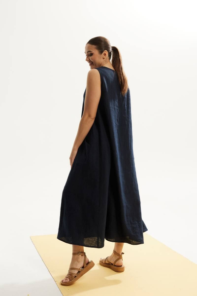 Платье свободного силуэта из льна с V-вырезом и карманами DAVA 141 синий - фото 3