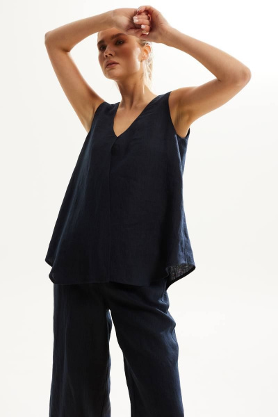 Леняной костюм с блузой и брюками на лето, свободный силуэт DAVA 142 синий - фото 3