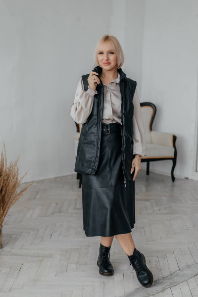 Черный экокожаный жилет с поясом и карманами Стильная леди М-677 черный - фото 6