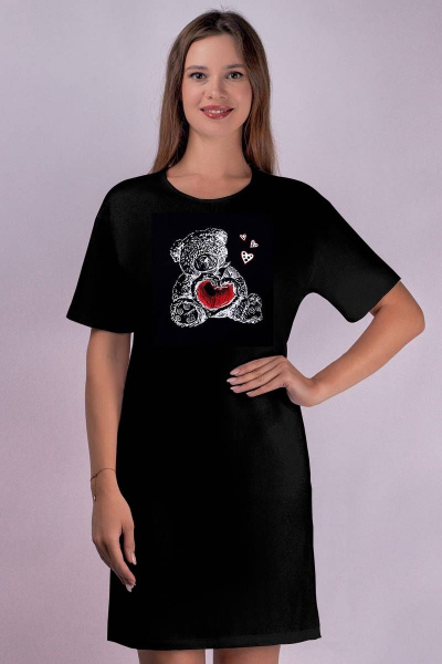 черная домашняя сорочка из хлопка и трикотажа Verally 392-2 мишутка - фото 1