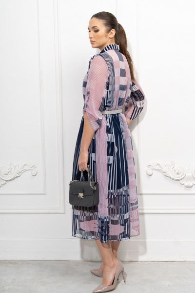 Платье из шифона и трикотажа с ремнем и вырезом капля Luna 086 розовый-синий - фото 5