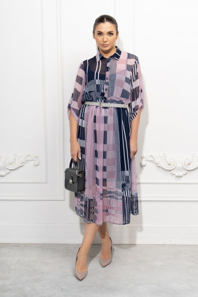 Платье из шифона и трикотажа с ремнем и вырезом капля Luna 086 розовый-синий - фото 1