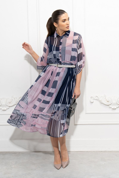 Платье из шифона и трикотажа с ремнем и вырезом капля Luna 086 розовый-синий - фото 2