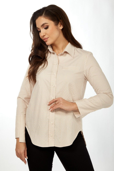 Бежевую рубашку из хлопка с кокеткой и складками Felice Woman 2364 - фото 3