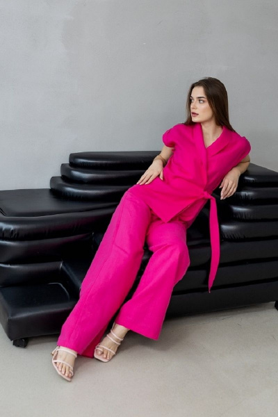 Летний костюм из льна с жилетом на запах и брюками палаццо Atelero 1001 розовая_фуксия - фото 4