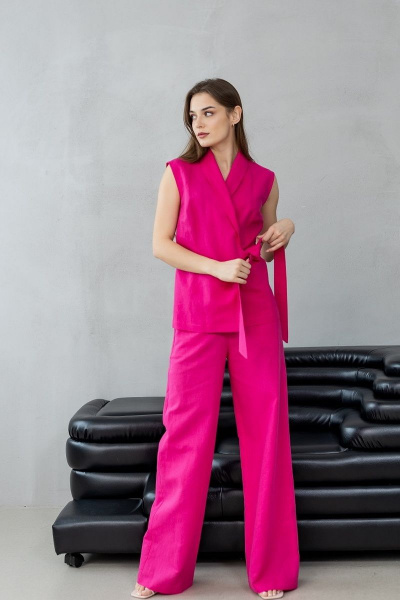 Льняной костюм: брюки палаццо и жилет на запах Atelero 1015 розовая_фуксия - фото 2