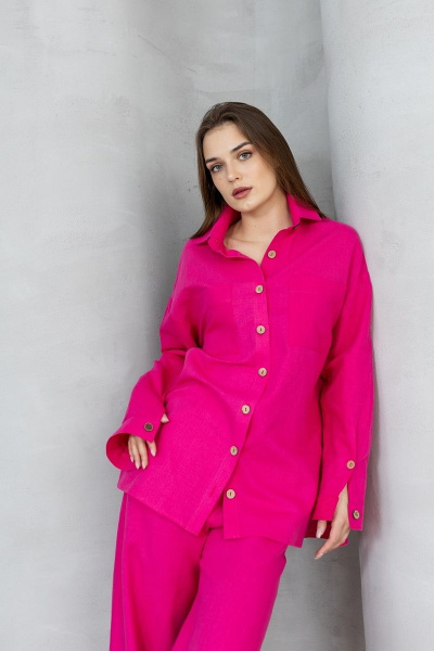 Деловой льняной костюм с жилетом на запах и брюками палаццо Atelero 1053 розовая_фуксия - фото 2