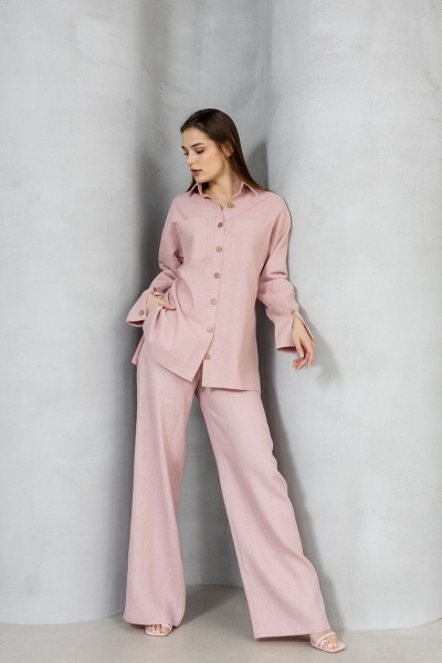 Летняя льняная рубашка с карманами и воротником-рубашкой Atelero 1057 розовая_пудра - фото 3