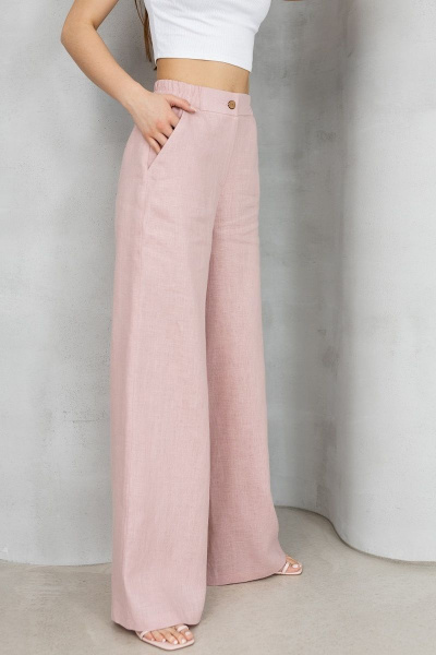 Брюки палаццо из льна с высокой посадкой и резинкой Atelero 1056 розовая_пудра - фото 2
